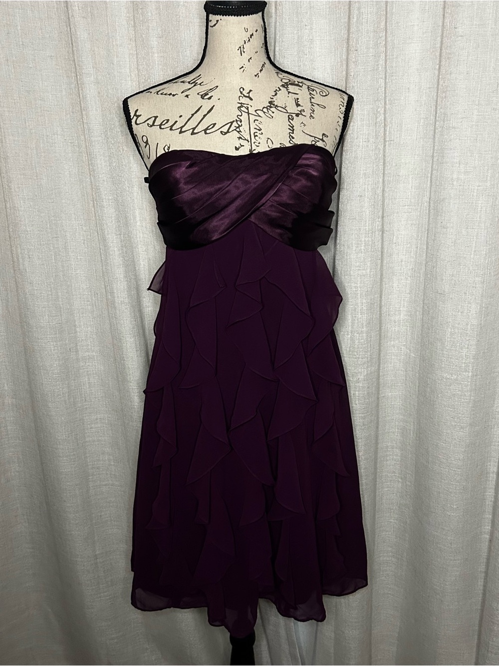 Women's Size 6 Xscape by Joanna Chen Strapless Satin Chiffon Dress in Eggplant